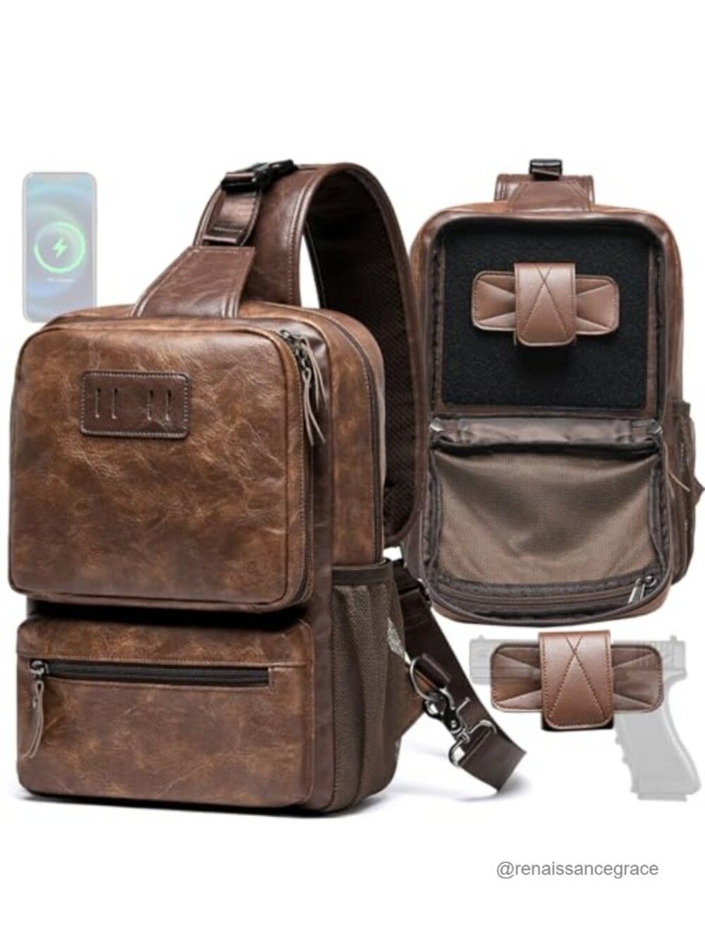 Tactical Crossbody Sling Bag for Men with USB Port, Faux Leather